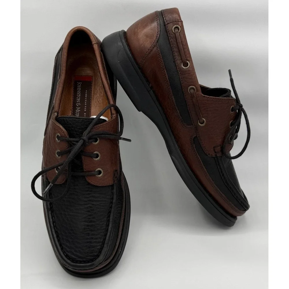 Johnston & Murphy Brown & Black Leather Boat Shoes Lace Up 020-1201 Mens Sz 9.5M